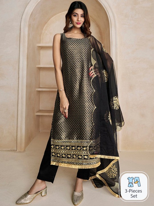 Black Woven Design Thread Work & Zari Straight Kurta & Trousers With Dupatta-1