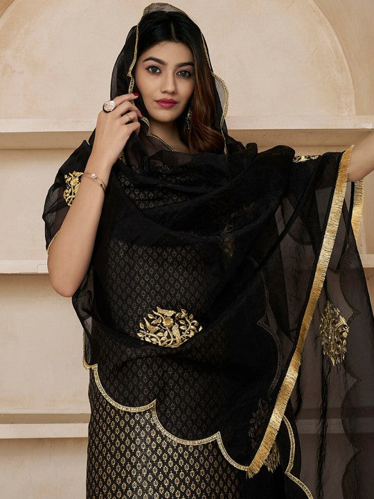 Black Woven Design Thread Work & Zari Straight Kurta & Trousers With Dupatta-5