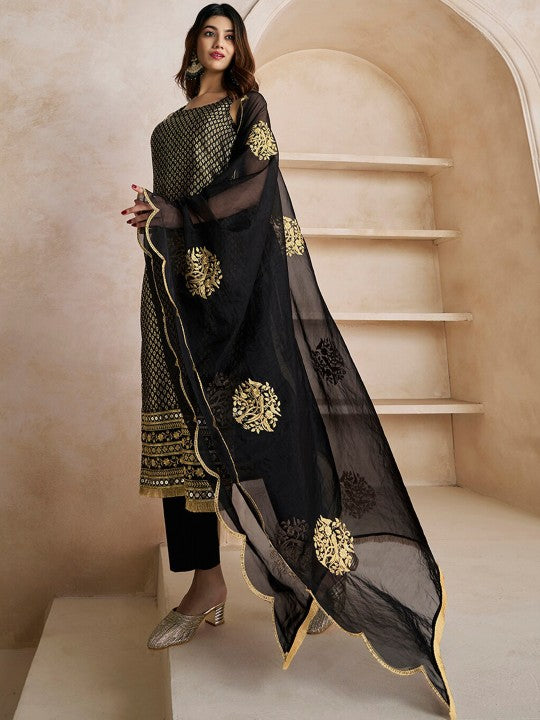 Black Woven Design Thread Work & Zari Straight Kurta & Trousers With Dupatta-3