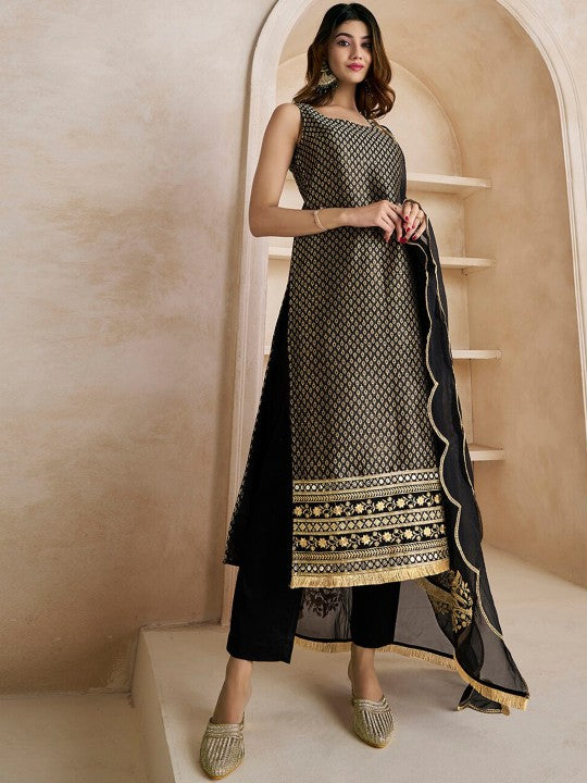 Black Woven Design Thread Work & Zari Straight Kurta & Trousers With Dupatta-6