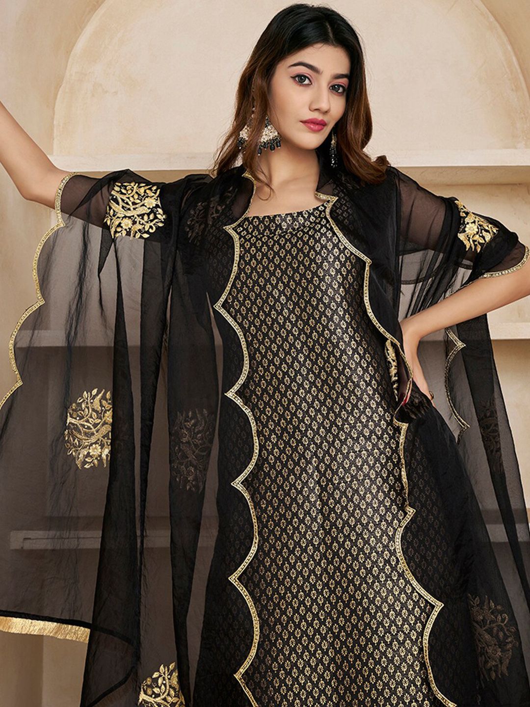 Black Woven Design Thread Work & Zari Straight Kurta & Trousers With Dupatta-4