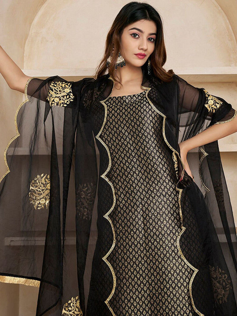 Black Woven Design Thread Work & Zari Straight Kurta & Trousers With Dupatta-4