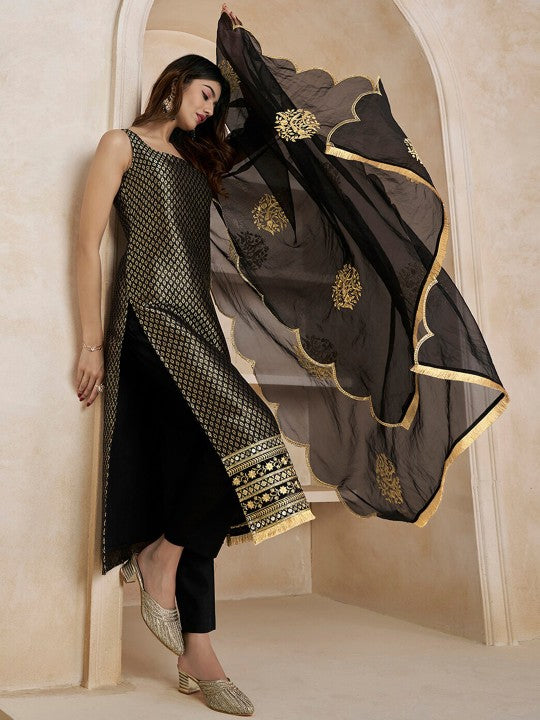 Black Woven Design Thread Work & Zari Straight Kurta & Trousers With Dupatta-7