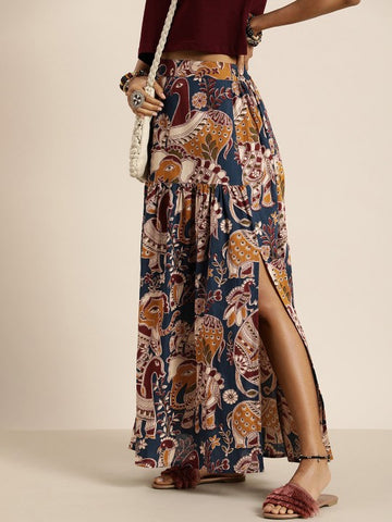 Handcrafted Black & Maroon Kalamkari Hand Block Print Ethnic Sustainable Maxi Pure Cotton Skirt with Gathers