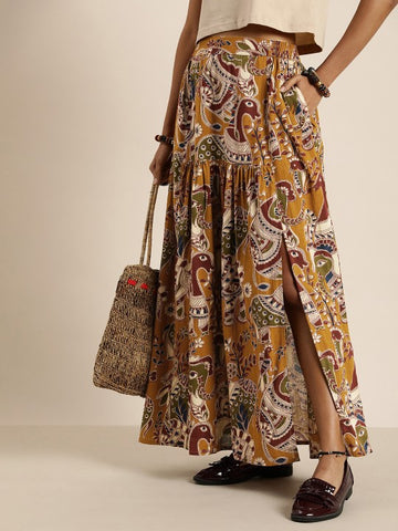 Handcrafted Black & Maroon Kalamkari Hand Block Print Ethnic Sustainable Maxi Pure Cotton Skirt with Gathers