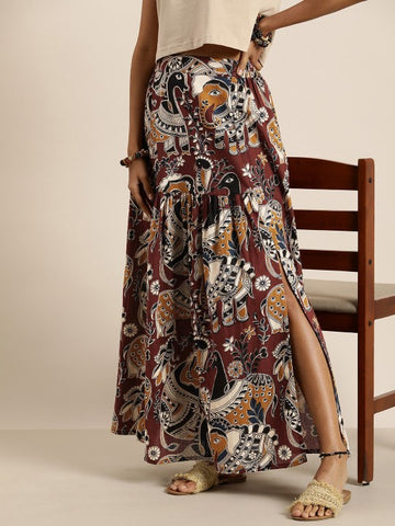 Handcrafted Black & Maroon Kalamkari Hand Block Print Ethnic Sustainable Maxi Pure Cotton Skirt with Gathers