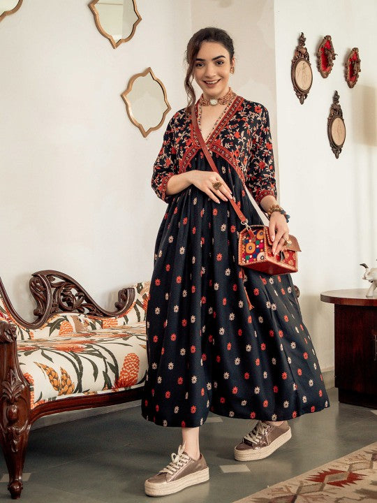 Black & Orange Ethnic Motifs Printed Maxi Dress-1