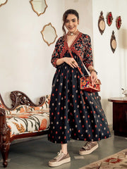 Black & Orange Ethnic Motifs Printed Maxi Dress