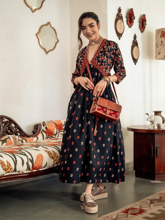 Black & Orange Ethnic Motifs Printed Maxi Dress-3