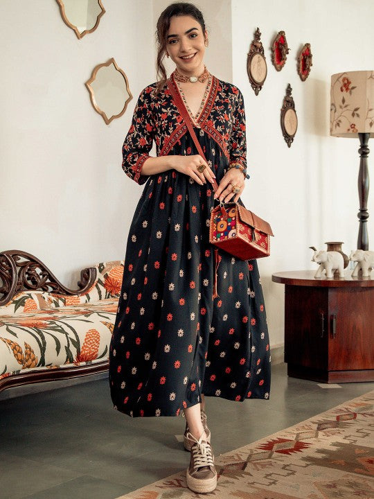 Black & Orange Ethnic Motifs Printed Maxi Dress-4