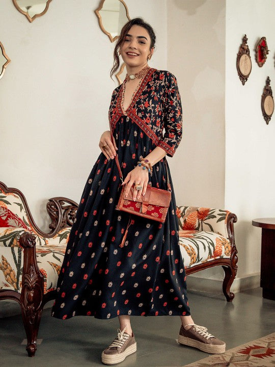 Black & Orange Ethnic Motifs Printed Maxi Dress-5