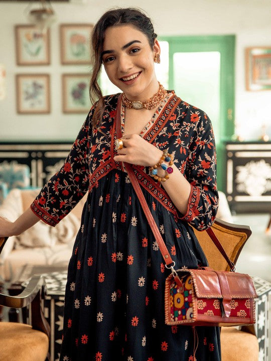Black & Orange Ethnic Motifs Printed Maxi Dress-2