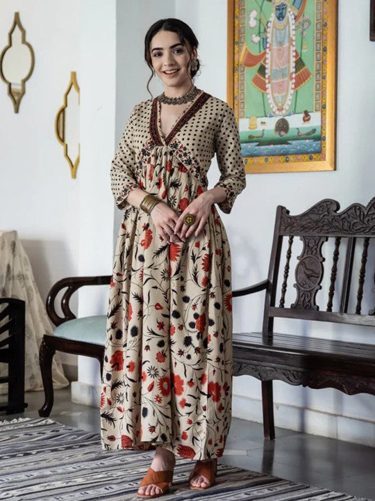 Black & Orange Ethnic Motifs Printed Maxi Dress-6