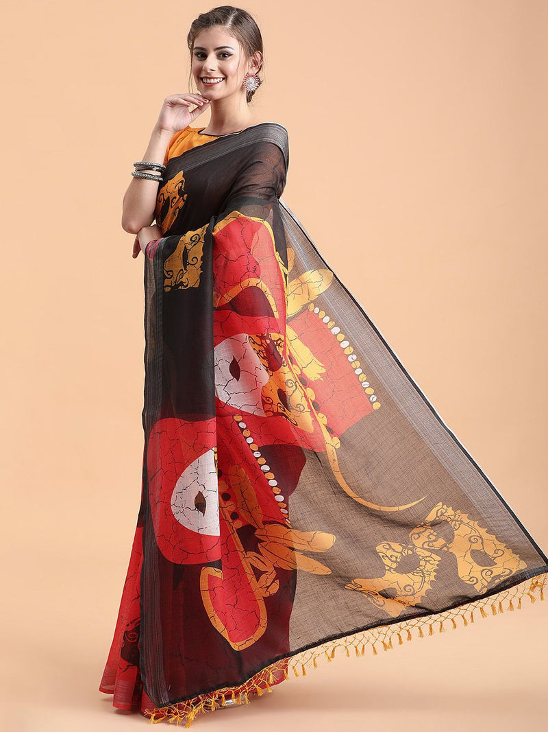 Black & Red Jaali Pure Linen Saree-1