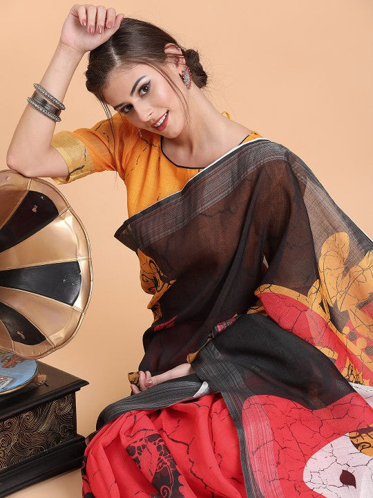 Black & Red Jaali Pure Linen Saree-3