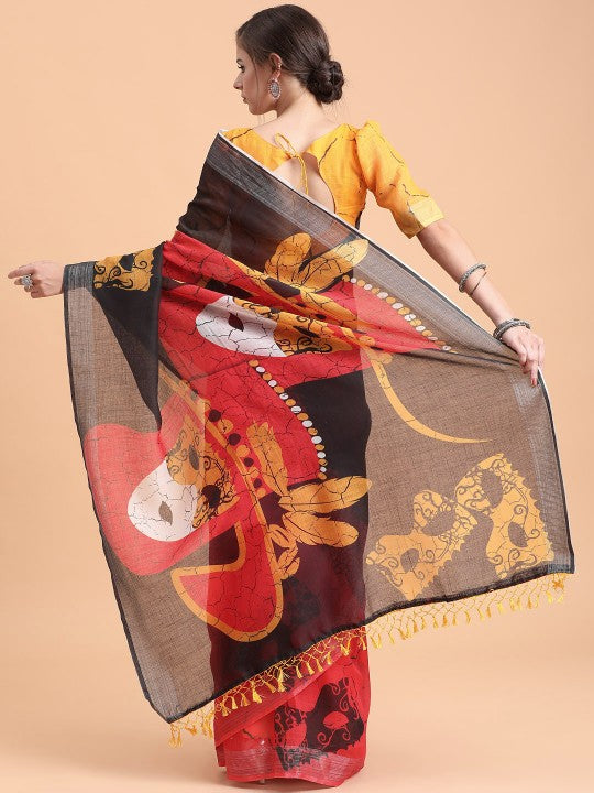 Black & Red Jaali Pure Linen Saree-2