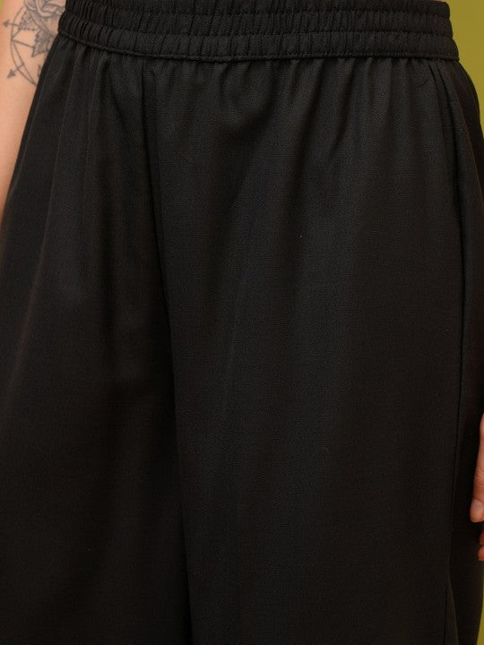 Black Round Neck Floral Regular Straight Kurta with Palazzos & With Dupatta