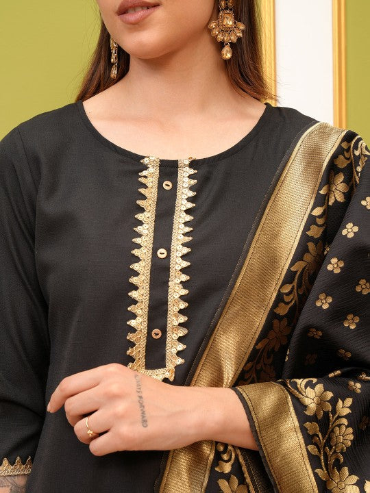 Black Round Neck Floral Regular Straight Kurta with Palazzos & With Dupatta