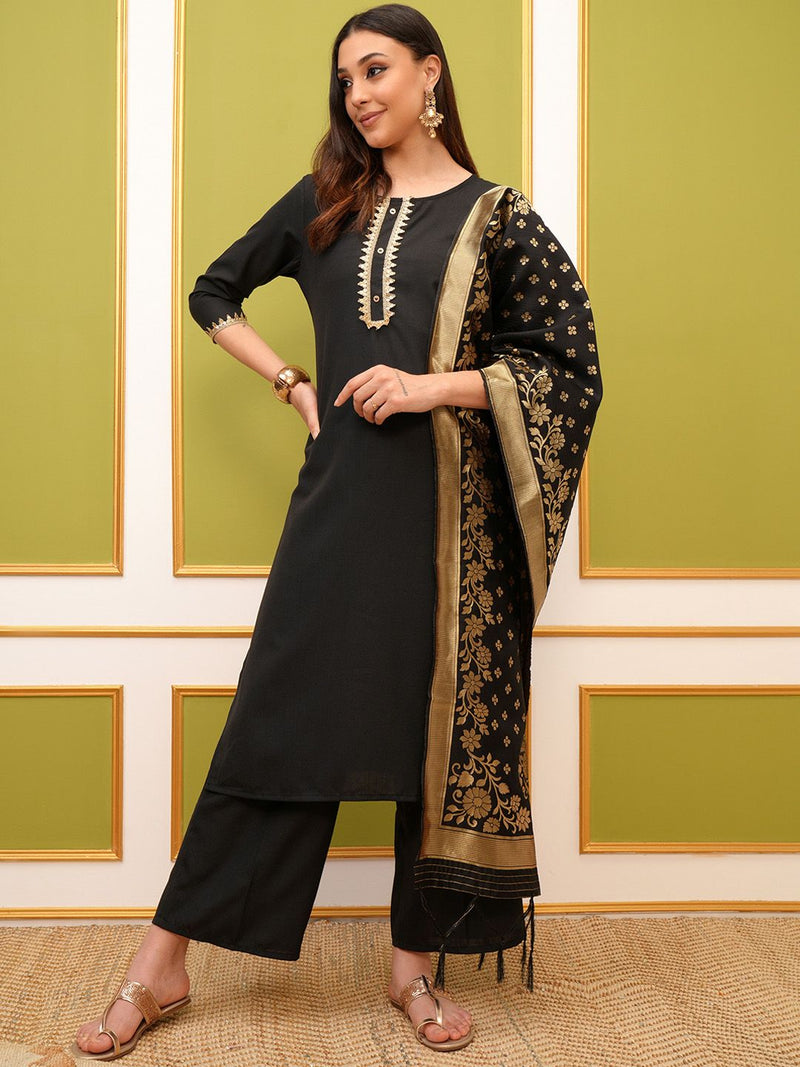 Black Round Neck Floral Regular Straight Kurta with Palazzos & With Dupatta-1