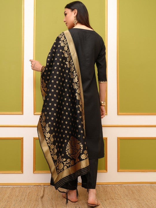 Black Round Neck Floral Regular Straight Kurta with Palazzos & With Dupatta-2