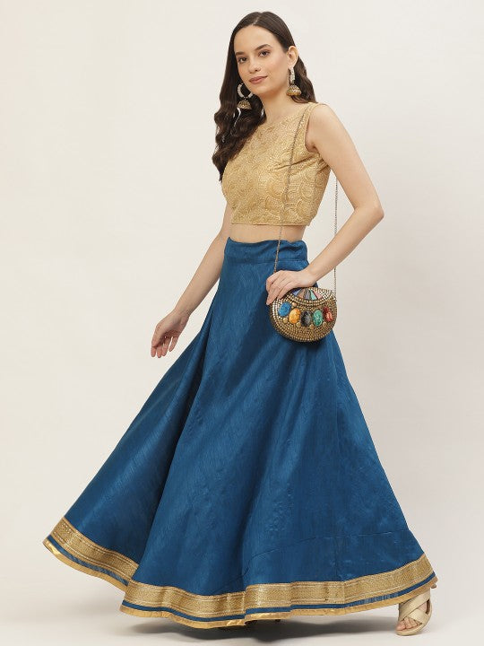 Blue & Golden Solid Lehenga Skirt with Zari Border-7