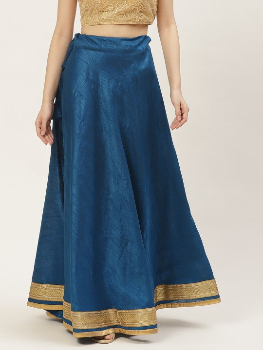 Blue & Golden Solid Lehenga Skirt with Zari Border-1