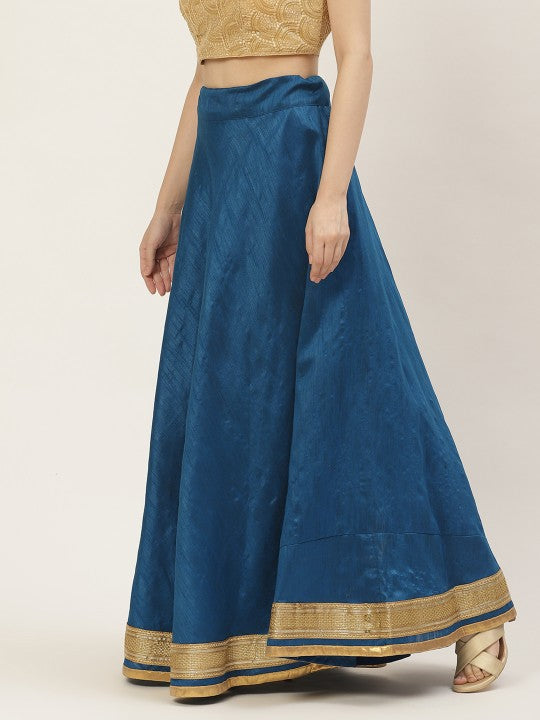 Blue & Golden Solid Lehenga Skirt with Zari Border-3