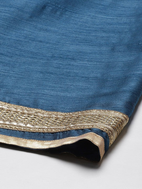 Blue & Golden Solid Lehenga Skirt with Zari Border-6