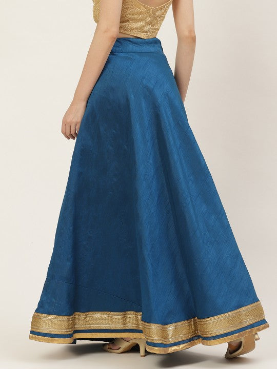 Blue & Golden Solid Lehenga Skirt with Zari Border