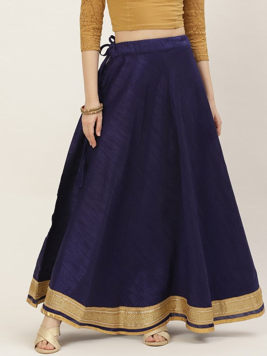 Blue & Golden Solid Lehenga Skirt with Zari Border-10