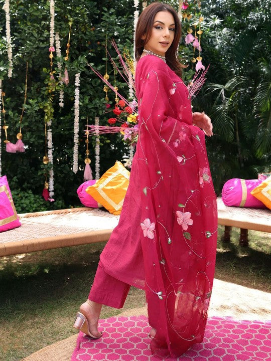 Floral Printed V-Neck Straight Kurta With Palazzos And Dupatta