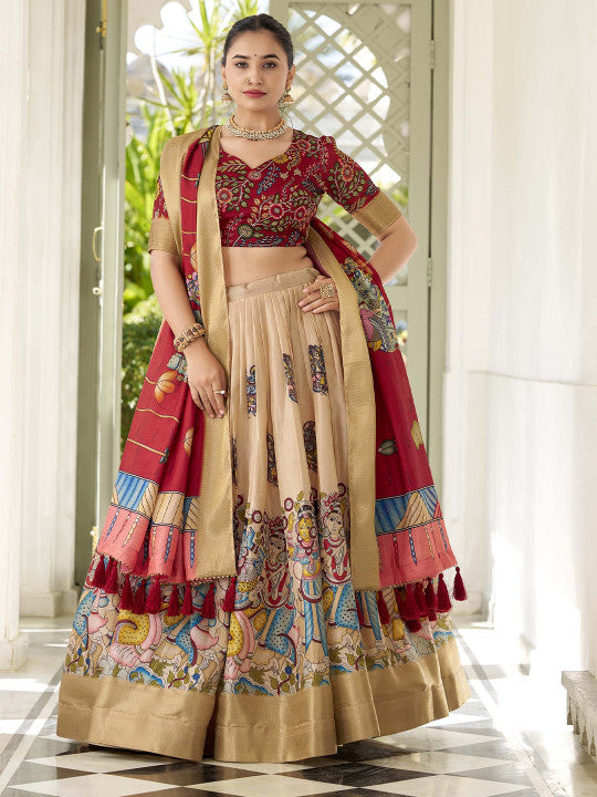 Kalamkari Printed Ready to Wear Lehenga & Unstitched Blouse With Dupatta-1