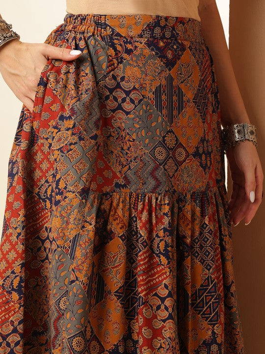 Maroon Geometric Printed Boat Neck Sleeveless Pure Cotton Crop Top With Slit Skirt