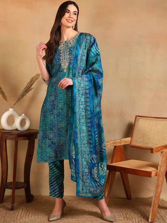 Ethnic Motifs Printed Thread Work Straight Kurta With Trouser & Dupatta-3