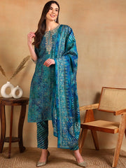 Ethnic Motifs Printed Thread Work Straight Kurta With Trouser & Dupatta