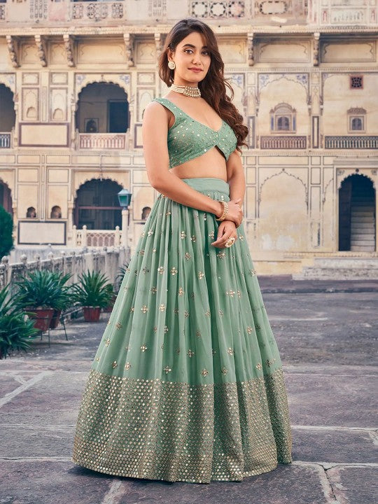 Embroidered Sequinned Semi-Stitched Lehenga & Unstitched Blouse With Dupatta-3