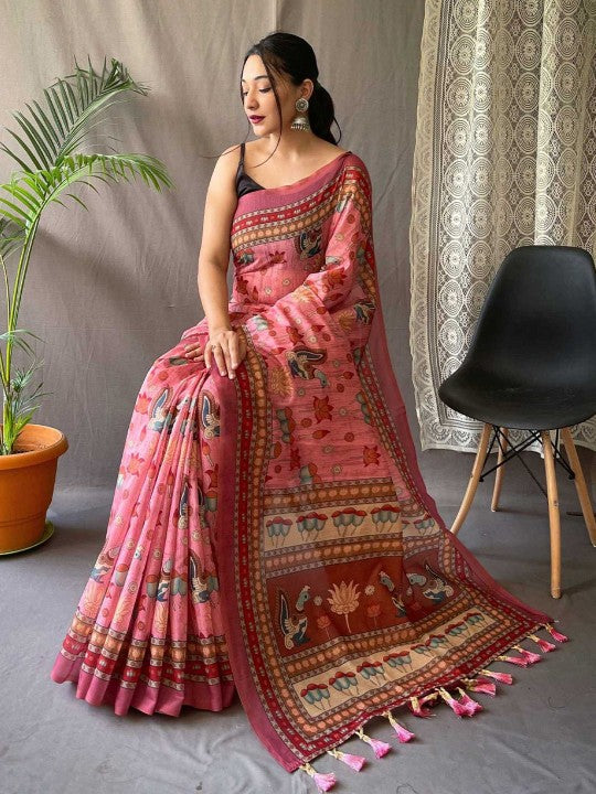 Cotton Bend Kalamkari Saree With Tassel-3