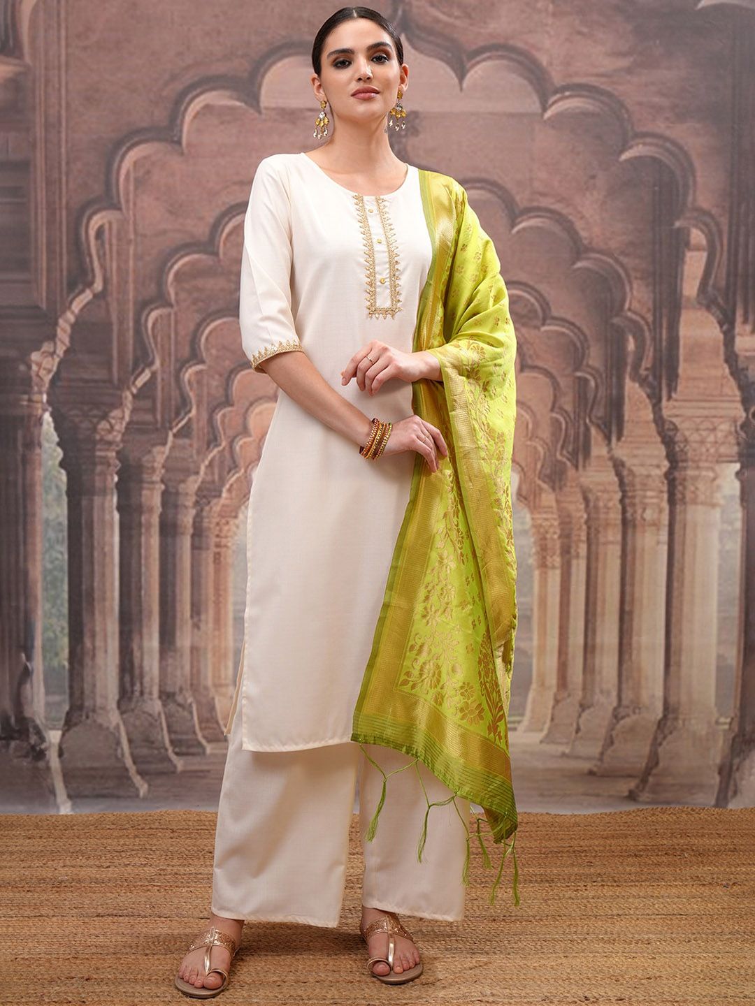 Black Round Neck Floral Regular Straight Kurta with Palazzos & With Dupatta