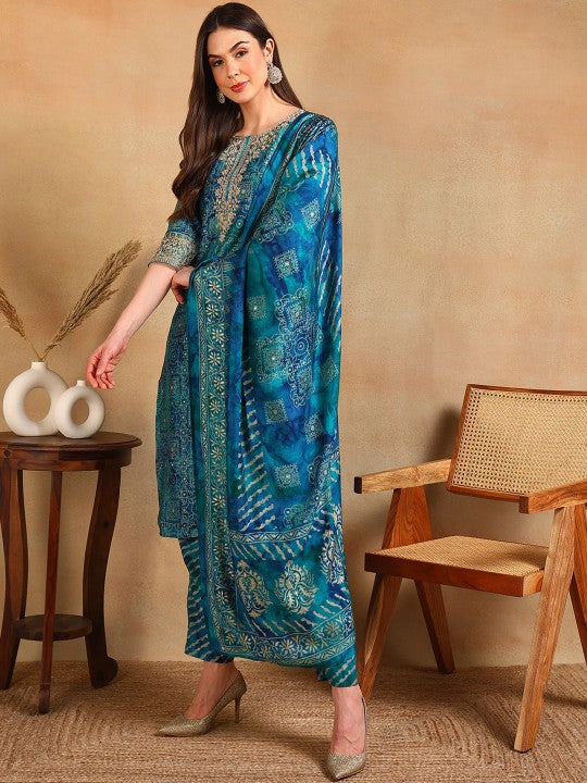 Ethnic Motifs Printed Thread Work Straight Kurta With Trouser & Dupatta-2
