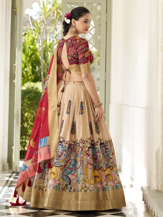 Kalamkari Printed Ready to Wear Lehenga & Unstitched Blouse With Dupatta