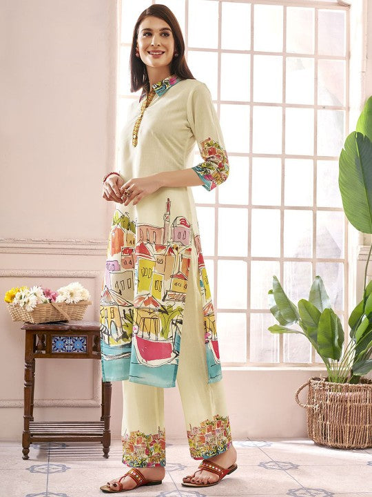 Printed Shirt-Collar Tunic With Trouser Co-Ords