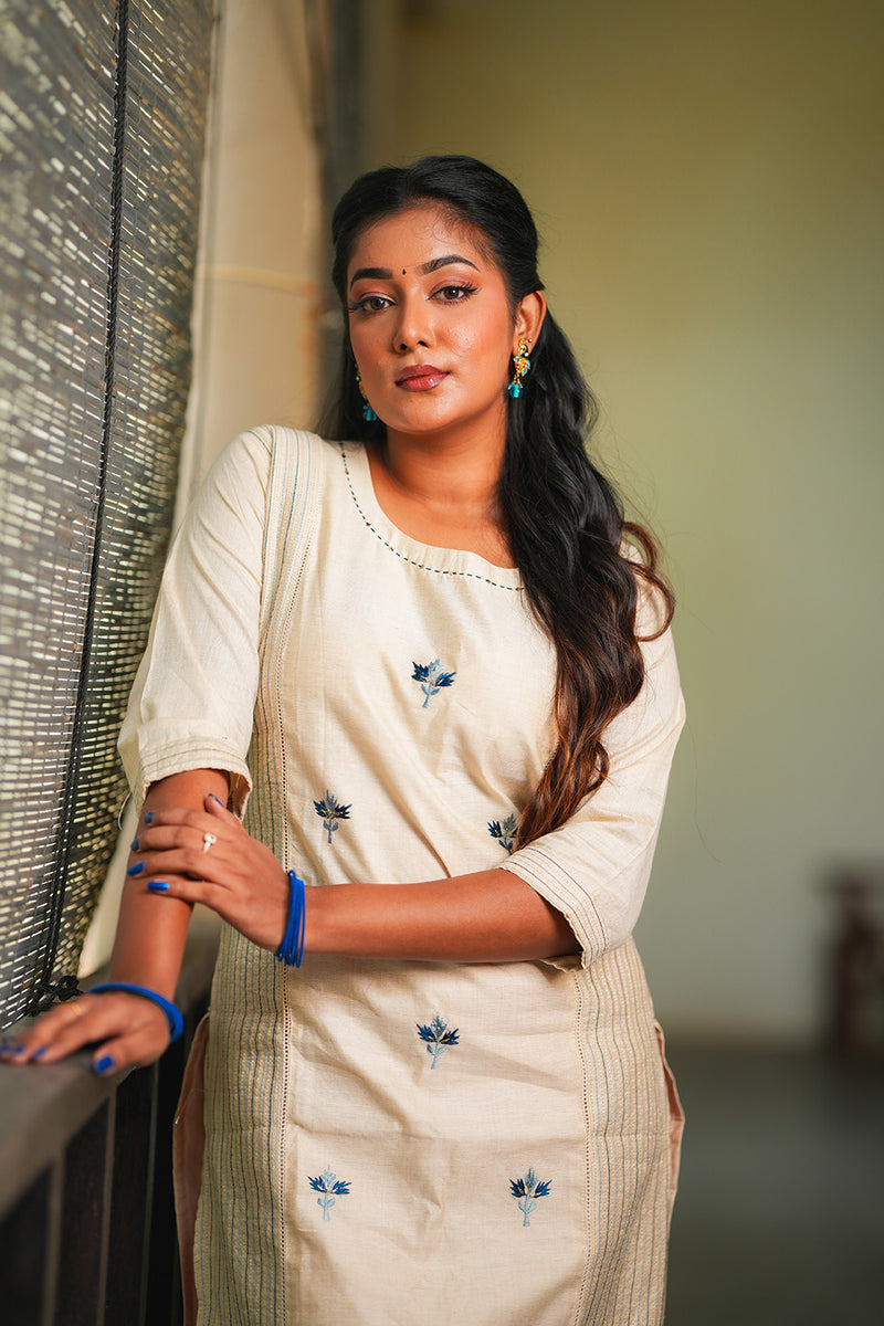 Ivory Grace Hand-Embroidered Cotton Silk Kurta-1
