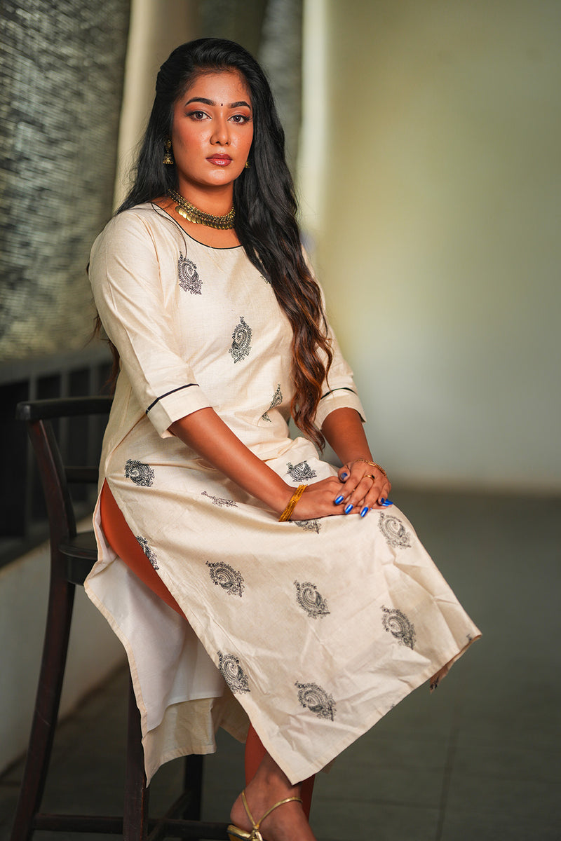Classic Beige Kurta with Black Handblock Print-1