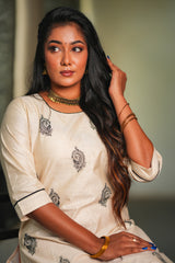 Classic Beige Kurta with Black Handblock Print