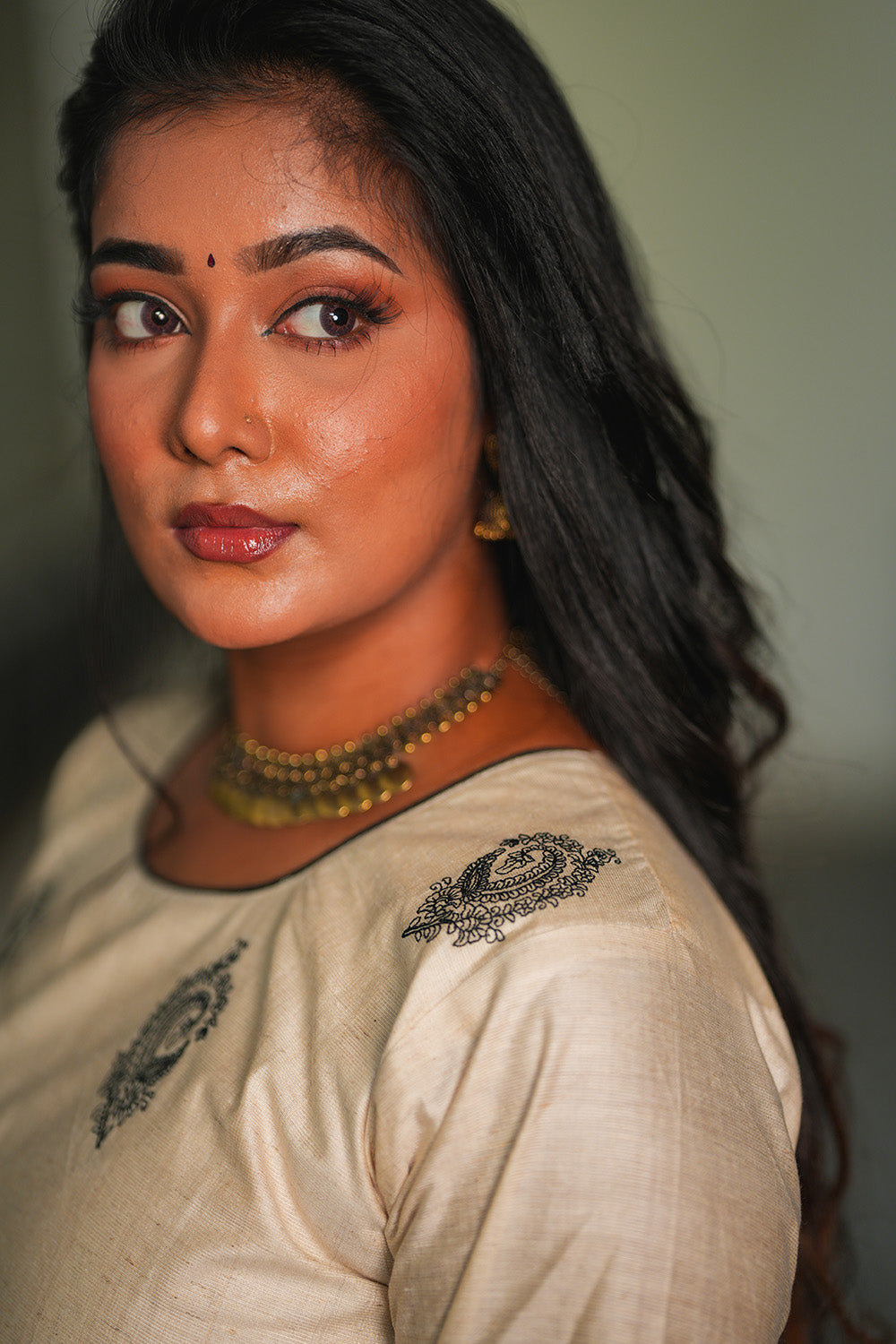 Classic Beige Kurta with Black Handblock Print