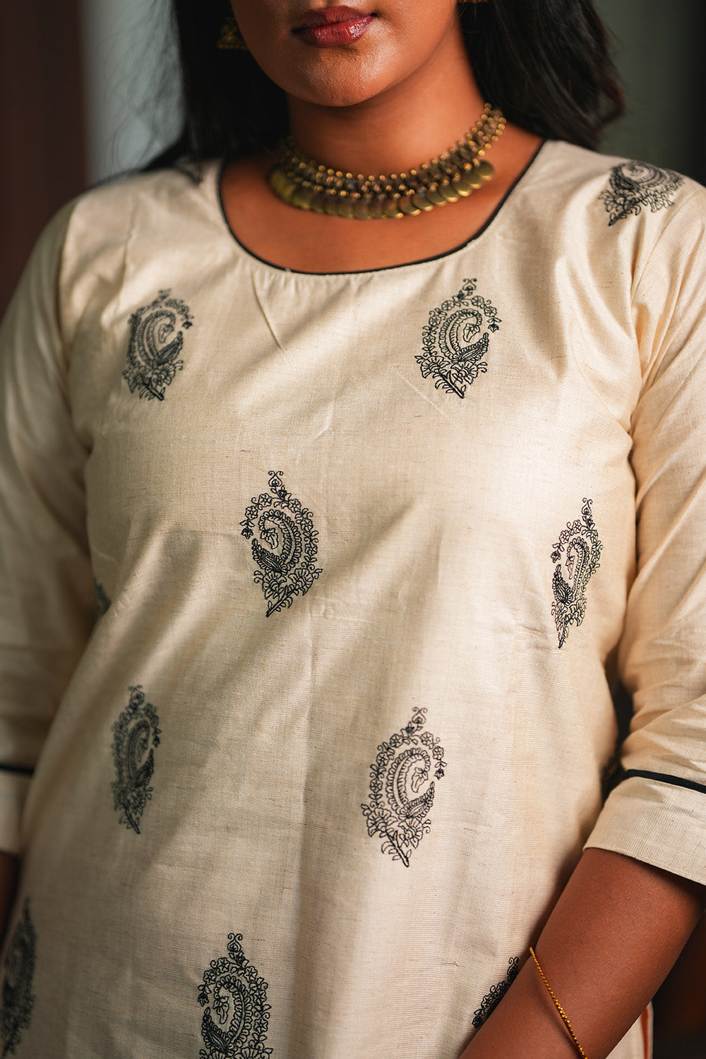Classic Beige Kurta with Black Handblock Print-3