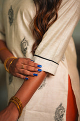 Classic Beige Kurta with Black Handblock Print