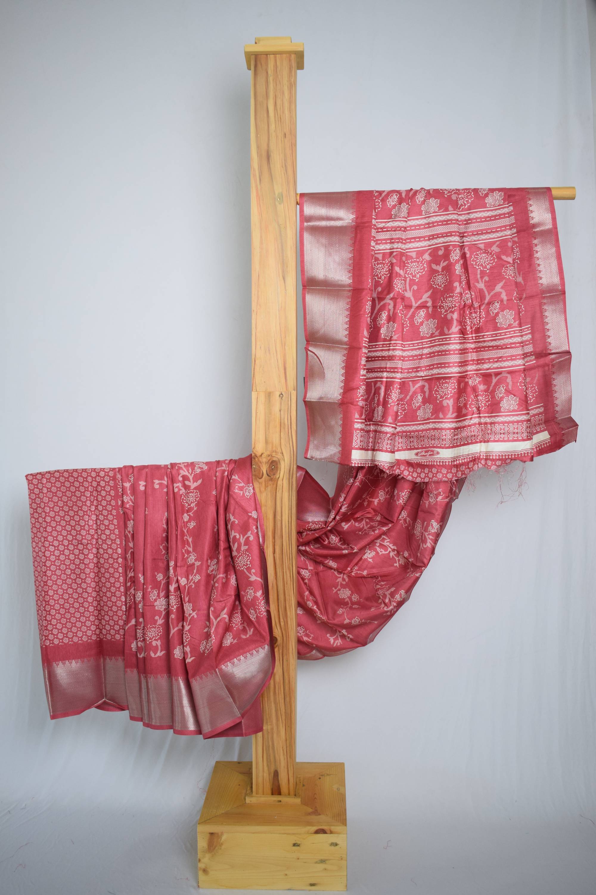 Coral Silk Floral Print Saree