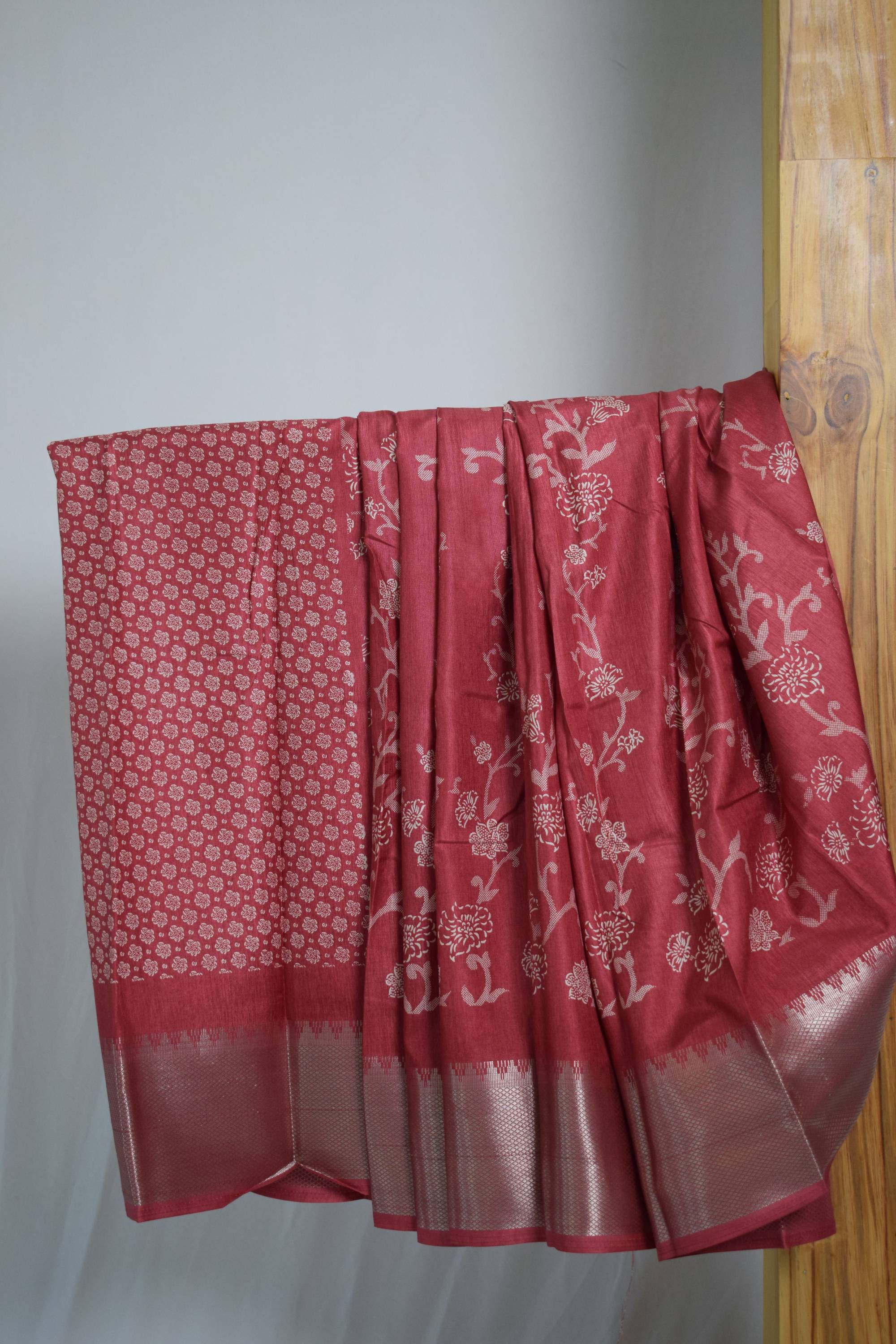 Coral Silk Floral Print Saree