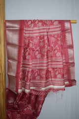 Coral Silk Floral Print Saree